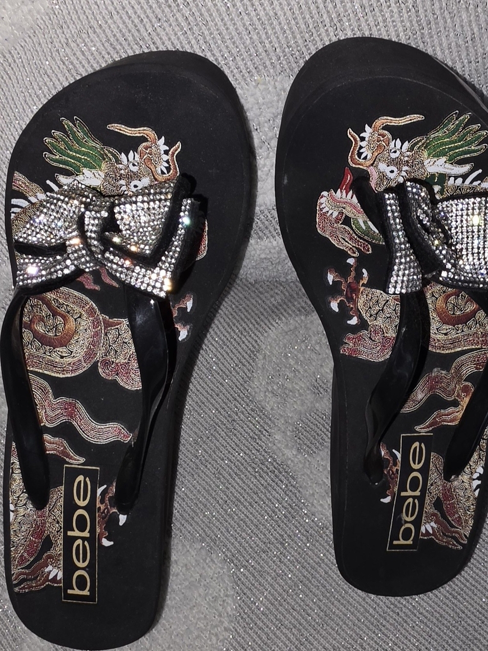 bebe Y2k Black Jeweled Dragon Wedge Flip Flops - Picture 5 of 5